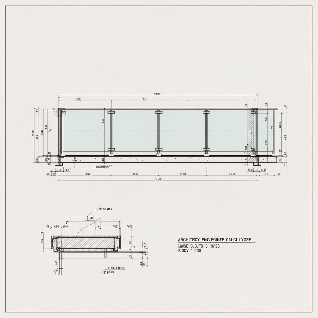 Plan technique d'un garde-corps verre avec calculs HEB, conforme aux normes NF P01-012, NF P01-013, DIN 18008-4